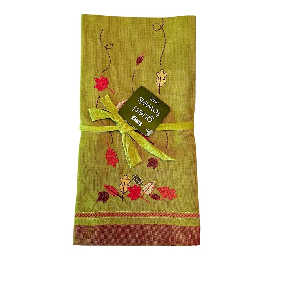 Tag NWT Kitchen Guest Hand Tea Towel Set Embroidered Stitched Leaves Fall Autumn